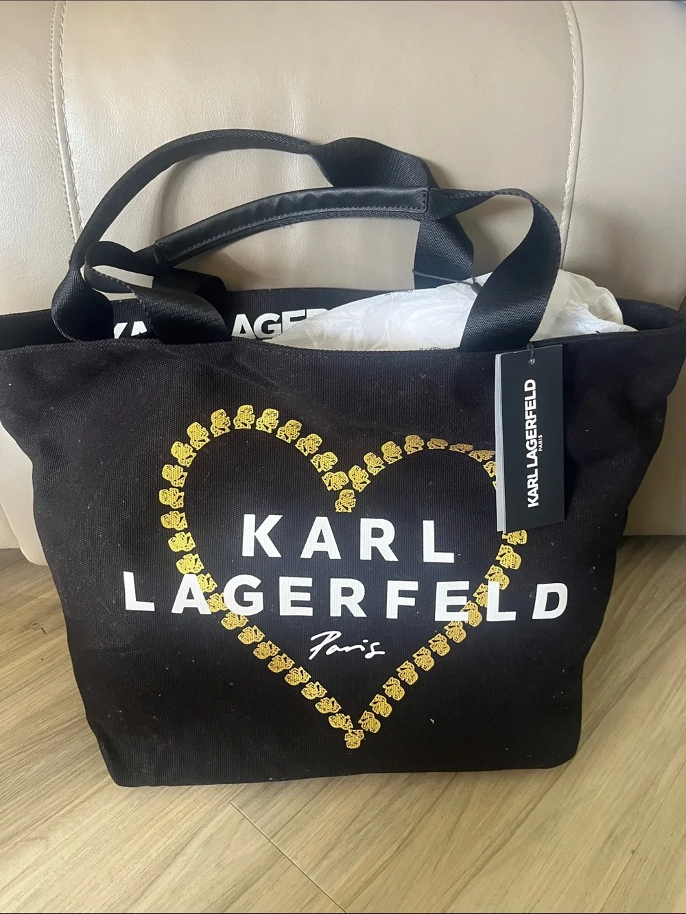 Karl Lagerfeld Black Tote with White Logo and Gold Heart Print - Picture 3 of 3